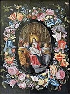 Madonna and Child in a Wreath of Flowers by Unknown Netherlandish master. Early 17th century