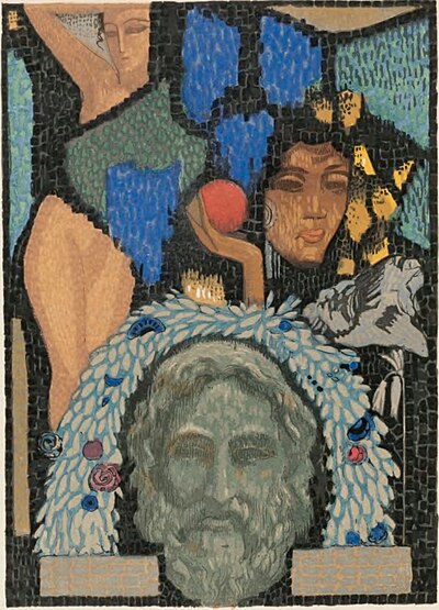 portrait masculin entouré de deux figures féminines dans un décor végétalisé