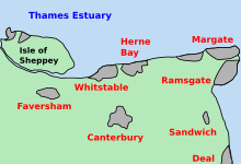 Карта северо-востока Кента с городскими районами, заштрихованными серым цветом. Этикетки обозначают местоположения устья Темзы, острова Шеппи, Уитстабл, Херн-Бей, Маргейт, Рамсгейт, Сэндвич, Дил, Фавершем и Кентербери.