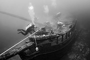 Submerged ship's bow area.