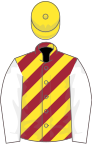 MAROON and YELLOW DIAGONAL STRIPES, white sleeves, yellow cap