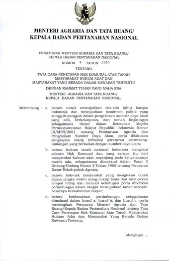 Peraturan Menteri Agraria dan Tata Ruang/Kepala Badan Pertanahan Nasional Republik Indonesia Nomor 09 Tahun 2015 tentang Tata Cara Penetapan Hak Komunal Atas Tanah Masyarakat Hukum Adat dan Masyarakat Yang Berada Dalam Kawasan Tertentu