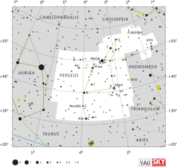 Диаграмма, показывающая положение звезд и границы созвездия Персея и его окрестностей