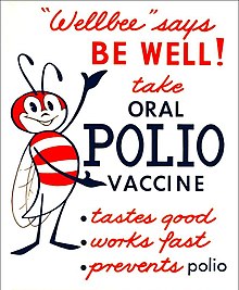 This 1963 poster featured CDC's national symbol of public health, the "Wellbee", encouraging the public to receive an oral polio vaccine. Polio vaccine poster.jpg