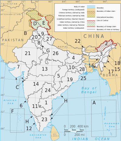 A clickable map of the 28 states and 8 union territories of India Political map of India EN.svg