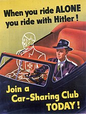 A poster used to promote carpooling in the U.S. as a way to ration gasoline during World War II Ride with hitler.jpg