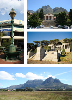 Top left: Victorian era cast iron Fountain at the historic centre of Rondebosch. Top right: University of Cape Town upper campus. Centre right: Rhodes Memorial. Bottom: Rondebosch Common