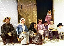 A family of Russian settlers in the Caucasus region, c. 1910 Russian settlers, possibly Molokans, in the Mugan steppe of Azerbaijan. Sergei Mikhailovich Prokudin-Gorskii.jpg