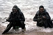 Two SEALs in diving gear scout a beach during an exercise.
