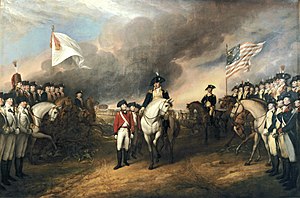 La Reddition de Lord Cornwallis, huile sur toile de John Trumbull. Cette toile dépeint les forces du lieutenant-général britannique Charles Cornwallis (qui n'était pas lui-même présent lors de la reddition), se rendant aux forces françaises et américaines après la bataille de Yorktown (28 septembre – 19 octobre 1781).