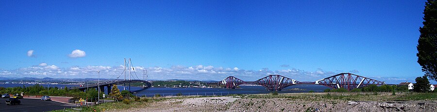 Two of the three bridges across the Firth, viewed from Dalmeny, Photo taken before construction began on the Queensferry Crossing. Theforthbridges fromdalmeny.jpg