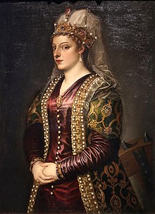 Old portrait of a richly dressed woman wearing jewels and a crown