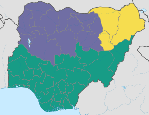 Status of sharia in Nigerian states (in 2013):
.mw-parser-output .legend{page-break-inside:avoid;break-inside:avoid-column}.mw-parser-output .legend-color{display:inline-block;min-width:1.25em;height:1.25em;line-height:1.25;margin:1px 0;text-align:center;border:1px solid black;background-color:transparent;color:black}.mw-parser-output .legend-text{}
Sharia applies in full, including criminal law
Sharia applies only in personal status issues
No sharia Use of Sharia in Nigeria.svg