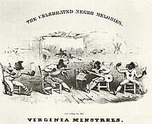 The blackface Virginia Minstrels in 1843, featuring tambourine, fiddle, banjo, and bones Virginia Minstrels, 1843.jpg