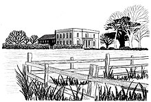 Walton Hall, renovated in 1970 to act as the headquarters of the newly established Open University (artist: Hilary French) Walton Hall Pen&Ink.jpg