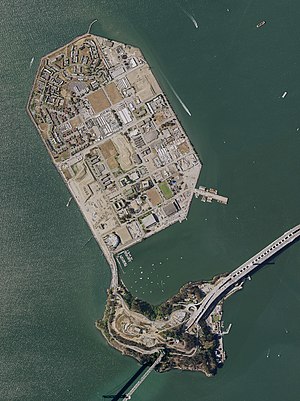 Aerial photo of Treasure Island (top) and Yerb...