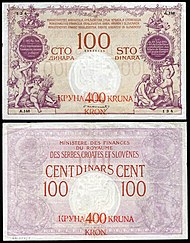 Bankovky z roku 1919 v hodnotě 100 dinárů, nebo 400 korun