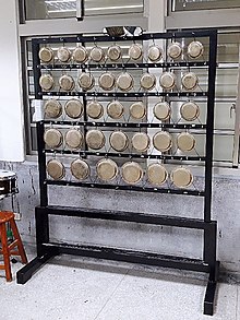 Photo d'un yunlao moderne avec ses 5 rangées de gongs (9, 8, 8, 7 et 6 gongs) sur leur cadre