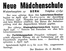 Inserat für die Neue Mädchenschule Bern am Waisenplatz