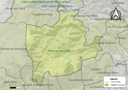 Carte de la ZNIEFF de type 2 sur la commune.