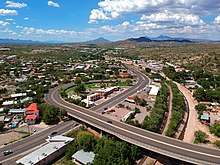 The junction of Arizona State Route 82 (Patagonia Highway) and Business-Loop 19 (Grand Avenue) in Nogales. The SR 82 overpass crosses over Grand Avenue, the Union Pacific Railroad, and the Nogales Wash. AZ 82 in Nogales.jpg
