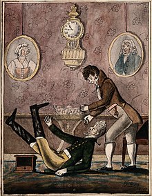 A wealthy patient falling over because of having a tooth extracted with such vigour by a fashionable dentist, c. 1790. History of Dentistry. A wealthy patient falling over because of having a tooth ext Wellcome V0012058.jpg