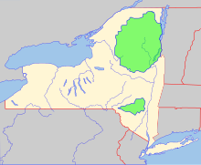 Two major New York state parks (in green), Adirondack Park (north) and Catskill Park (south) Adirondack and Catskill Parks Locator.svg