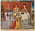 Folio 94v.: Alexander and his queen at table, and again in the foreground with a feather in his throat after being poisoned.