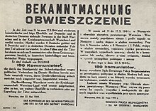 Announcement of execution of 150 Polish hostages as revenge for assassination of 6 Germans, Warsaw, Nazi-occupied Poland, May 1944 Announcement of death of 150 of Polish hostages executed by Nazi-German occupants in Warsaw (May 1944).jpg