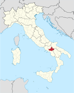 Zemljevid z označeno lego Pokrajine Avellino v Italiji