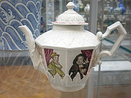 Teapot with Actresses, Vezzi porcelain factory, Venice, c. 1725. The Vezzi brothers were involved in a series of incidents of industrial espionage. It was these actions that led to the secret of manufacturing Meissen porcelain becoming widely known. BLW Teapot with Actresses.jpg