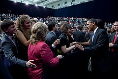 President Obama greets attendees at the New Economic School graduation in Gostinny Dvor, Moscow, July 7, 2009 Barack Obama at the New Economic School graduation.jpg