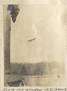 A blimp over Gibbons Hall during the 1917-18 school year Blimp over The Catholic University of America.jpg