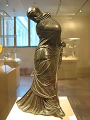 Greek bronze statuette of a veiled and masked dancer, 3rd-2nd century BC, Alexandria, Egypt Bronze Statuette of a Veiled and Masked Dancer 1.jpg