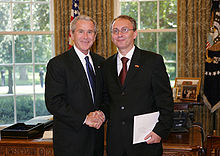Ambassador Zoran Jolevski with George W. Bush at the accreditation ceremony Bush MKAmb Joleski.jpg