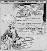 Anti-Thompson cartoon run on the front page of the Chicago Tribune on the eve of the general election depicting a sign rising about the Chicago skyline listing various negative points about Thompson, including failures and scandals that took place during his previous mayoralty, "appeals to race hatred in effort to gain vote", and attacks on King George of England "to arouse passions of German voters". Uncle Sam is depicted to be looking at this sign and asking, "Is it possible that any American community would honor such a man?"