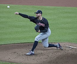 Kluber pitching for the Cleveland Indians in 2017 Corey Kluber in 2017 (34576122574).jpg