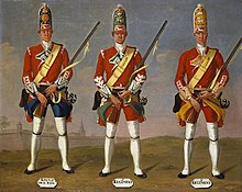 A painting by Morier made c. 1751, illustrating the uniforms of grenadiers from different regiments. A soldier from The King's Own regiment is on the left. David Morier (1705^-70) - Grenadiers, 4th King's Own, 5th and 6th Regiments of Foot, 1751 - RCIN 405579 - Royal Collection.jpg