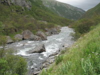 Drivdalen med elva Driva i Oppdal kommune i Trøndelag. Elva går nordover fra Dovrefjell