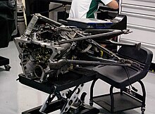 The gearbox with mounted rear suspension elements from the Lotus T127, Lotus Racing's car for the 2010 season. F1 Gearbox.jpg
