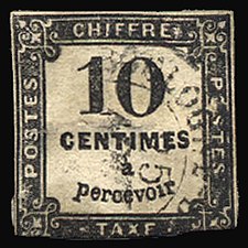 1859: первая доплатная марка, 10 сантимов (Sc #J1)