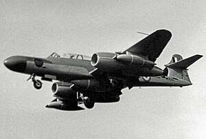 Photograph of a Gloster Meteor aircraft in fligh