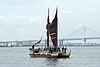 Hawaiian Voyaging Canoe Hokule'a arrives its final destination, Yokohama Bay.