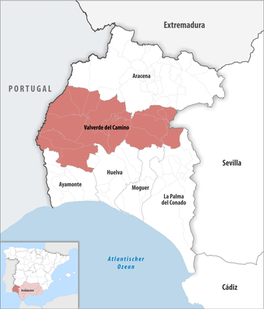 Die Lage des Gerichtsbezirk Valverde del Camino in der Provinz Huelva