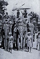 "King Harsha pays homage to Buddha", a 20th-century artist's imagination.