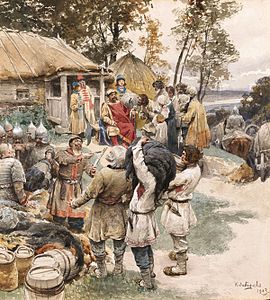Князь Игорь собирает дань с древлян в 945 году. К. В. Лебедев, 1901—1908 гг.