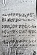 Courrier de Joseph Darnand adressé au lieutenant Beille, héros légendaire, à propos de son beau fils Pierre Fournera, résistant fusillé par les allemands le 1er août 1944, au camp de Souge.