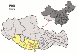 Location of Lhatse County (red) within Xigazê City (yellow) and Tibet