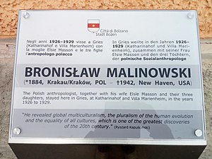 Plaque commémorative en souvenir du séjour de Bronislaw Malinowski et d'Elsie Masson à Gries-Bozen / Bolzano dans les années 1920 et 1930