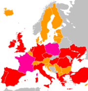 Europa: in rosso Vodafone, in viola i suoi partner, in arancio gli affiliati